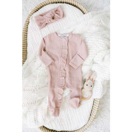Organic Waffle Knit Ruffled Footie With Bow – Bella Berry Designs