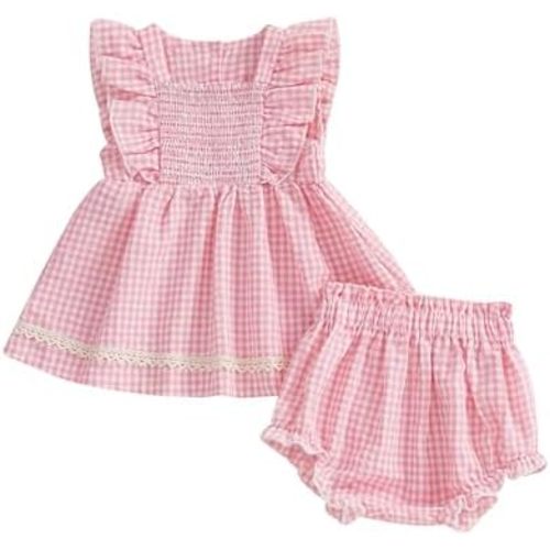 Seyurigaoka Smocked Baby Girl Clothes Gingham Ruffle Sleeveless Hem Top Bloomer Shorts Clothing Sets Summer Outfit
