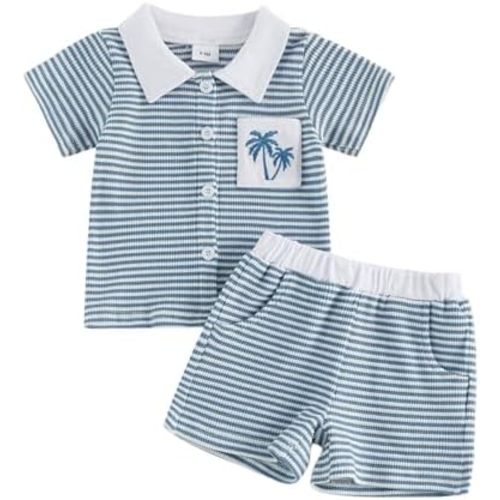 fhutpw Baby Toddler Boy Clothes Striped Button Down Shirt Tops + Elastic Waist Shorts Infant Boys Summer Outfits 2PCS Sets