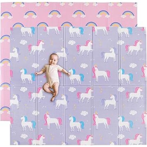 Wildkin Baby Play Mat - Large Folding Foam Play Mat for Infants, Babies, Toddlers, Waterproof, Double-Sided (70" x 59") - Unicorn