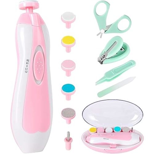 Baby Nail Trimmer Electric-12 in 1 Baby Nail Clippers Safe Baby Nail File Kit with a Nail Clipper, Scissor, Tweezers, and Nail Files (Pink+)