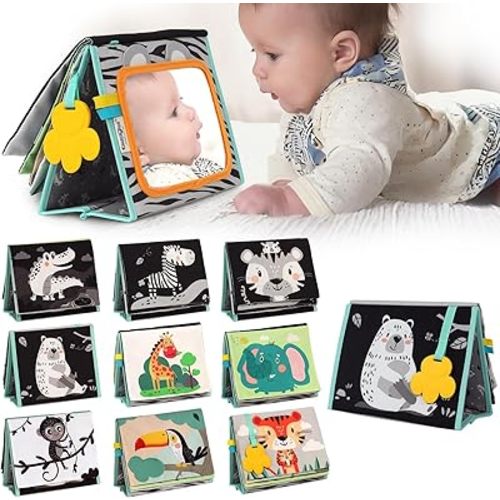 Tummy Time Mirror for Babies - High Contrast Book with Large Stimulating Baby Safe Mirror & Silicone Teether & Crinkle Pages - Perfect Tummy Time Toys for Babies 0 3 6 9 Months