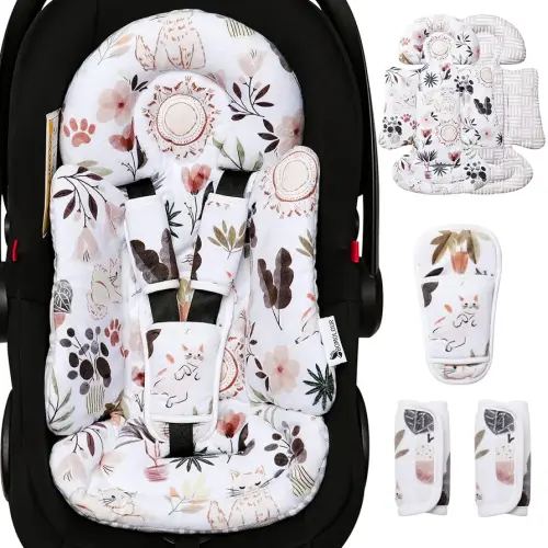 Infant Car Seat Insert, Enlarged Head Support for Baby Carseat, Reversible Newborn Insert with 3 Strap Covers, 2-in-1 Baby Car Seat Cushion for Stroller, Swing, Bouncer, Rocker - Yellow Cat