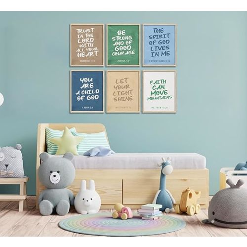 Christian Nursery Canvas Wall Art Set of 6 Kids Bible Verses Inspirational Quotes Painting Picture Wall Decor Scriptures Religious Poster Print Artwork for Kids Boys Room Bedroom Decorate, Unframed