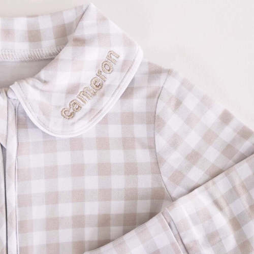 Peter Pan Collar Zipper Footie | Taupe Gingham