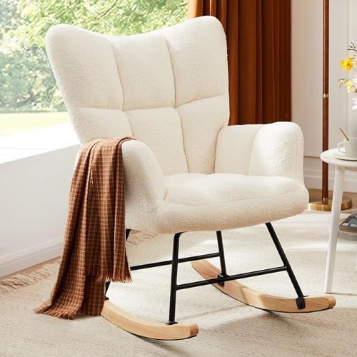 Sweetcrispy Rocking Chair Nursery, Teddy Upholstered Glider Rocker with High Backrest, Reading Chair Modern Rocking Accent Chairs Glider Recliner for Living Room, Nursery, Bedroom - Beige