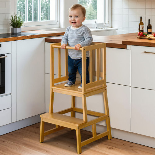 Harriet Bee Anti-tip Kids Kitchen Step Stool, Natural-bamboo Toddler Standing Tower With Anti-drop Bar & Reviews | Wayfair