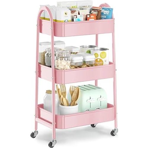 EAGMAK 3 Tier Utility Rolling Cart, Metal Storage Cart with Handle and Lockable Wheels, Multifunctional Storage Organizer Trolley with Mesh Baskets for Kitchen, Living Room, Office, Garage (Pink)