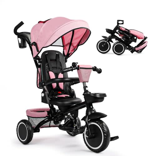TODEFULL Folding Kids Tricycle, 8 in 1 Baby Trike W/Removable & Adjustable Canopy, Parent Handle, 5-Piont Safety Harness, Toddler Bike Stroller for Kids 1-6 Years, EVA Wheels, Storage Basket, Pink