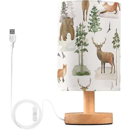 Table Lamp Watercolor Animal Forest Tree Deer Fox Bear Nightstand Lamp with Wood Base Fabric Lamp Shade Bedside Desk Lamp for Living Room Bedroom Kids Room Office