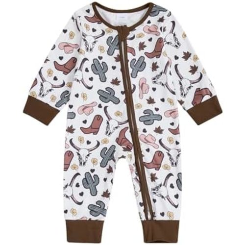 SAYOO Western Baby Cowboy Clothes Neutral Zipped Fall Romper Outfit for Boy Girl Infant Lapel Cow Print One-piece Jumpsuit