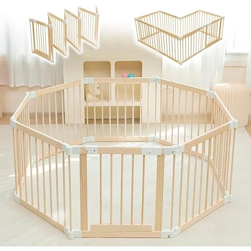 Baby Playpen, Playpen for Babies and Toddlers, Foldable Wooden Play Yard with Gate, Adjustable Baby Activity Center with Child Proof Lock, Fence Play Area for Toddlers 1-3（56 * 56 * 24inches）