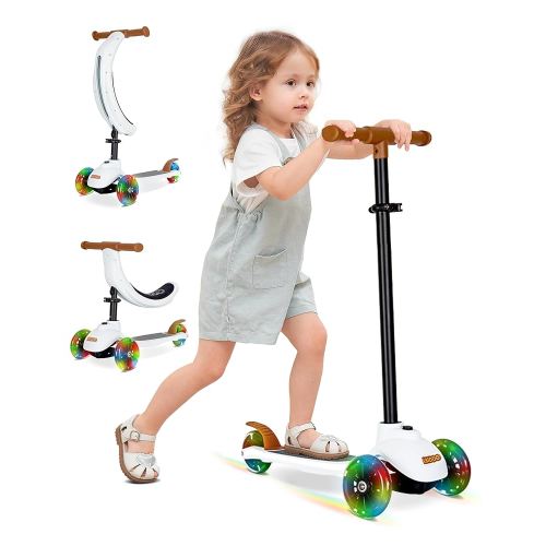 KRIDDO 3-in-1 Scooter for Kids Ages 1-5 Years Old, Folding Scooter with 3 Lighted Wheels, Wide Standing Board, Adjustable Height, Learn-to-Steer Handlebar, for Indoor and Outdoor