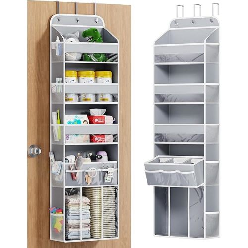 Over the Door Organizer for Nursery, 5-Tier Baby Clothes Organizer with Removable Storage Caddy, Hanging Behind Door Storage with Clear Pockets and Side Mesh Compartments, Grey