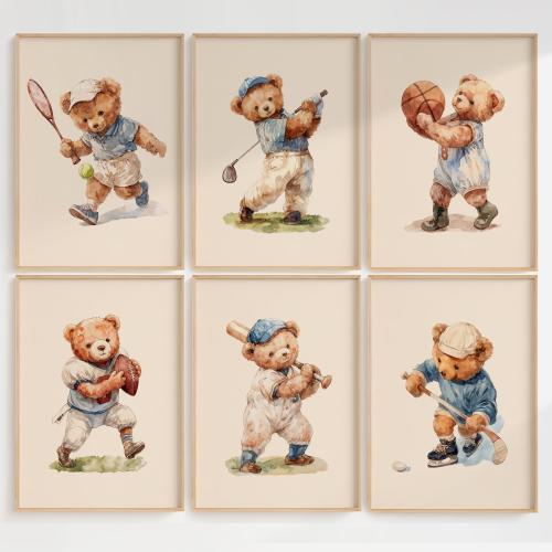 Vintage Teddy Bear Sports Wall Art Set of 6, Nursery Printable, Baby Boy Decor, Instant Download