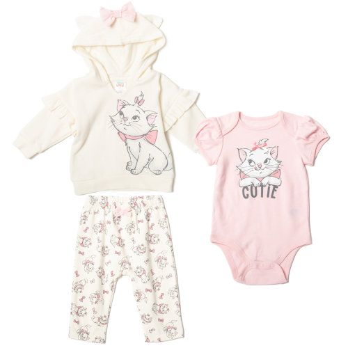 Disney The Aristocats Marie Newborn Baby Boy or Girl Fleece Hoodie Bodysuit and Pants 3 Piece Outfit Set Newborn to Infant