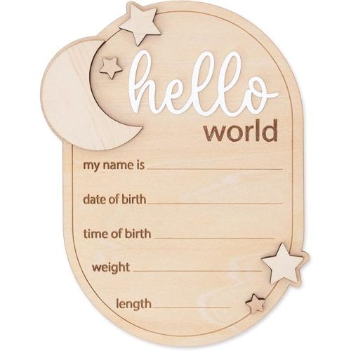 Baby Announcement Sign Star, 6.5 Inch Wooden Hello World Newborn Welcome Sign Birth Name Plaques for Photo Props Baby Shower Hospital Nursery new