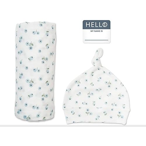 lulujo Birth Announcement Hat & Swaddle Blanket Set| Unisex Softest Bamboo Muslin Baby Swaddle Blanket| Receiving Blanket | 47in x 47in| Bamboo Knot Hat | Hello! Birth Announcement Sticker Blueberries