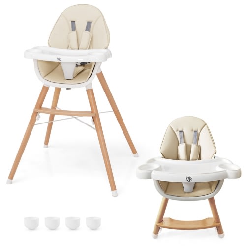 Babyjoy Baby High Chair Wooden Feeding Chair with 4-Gear Tray & Removable Cushion Beige