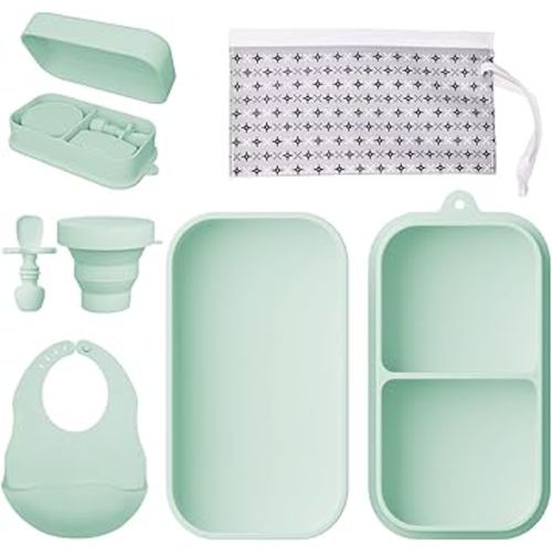 Travel Silicone Baby Feeding Set Portable Toddler Feeding Supplies Toddler Plates and Bowls Set Baby plates with Suction With spoon and cup, bib and waterproof storage bag