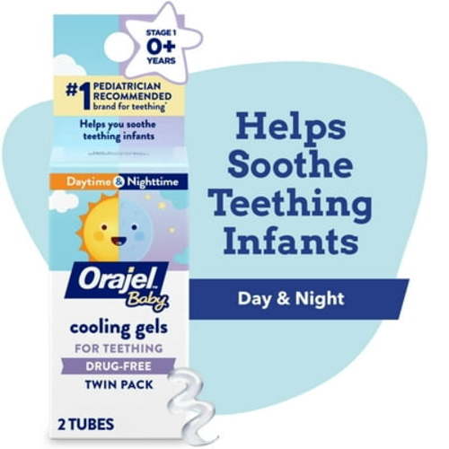 Orajel Baby Teething Cooling Gels, Drug-Free Relief for Painful Gums, Day & Night, 0.18 oz, 2 Ct
