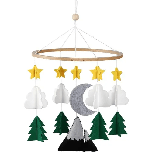 Baby Crib Mobile - Starry Woodland Night, Short Evergreen - Nursery-Mobiles for Unisex Baby