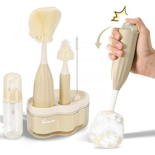 Baby Bottle Brush Set [Push-Press + Bendable Bottle Brush: 360°Comprehensive Cleaning] Baby Bottle Cleaner Brush Set for Baby Bottle/Nipple/Straw/Breast Pump Drying Rack and Travel Bag Included