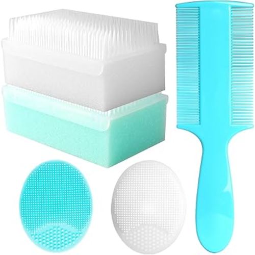 Cradle Cap Brush for Babies, Set of 5 Baby Bath Essentials with Bath Sponge Silicone Scrubber Long Handle Comb for Newborns Toddlers Boys Girls (Green)
