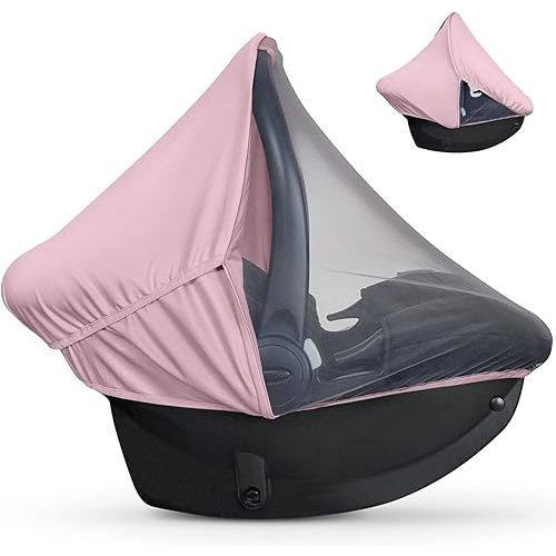 liuliuby 2-in-1 Baby Car Seat Cover for Baby Carseat Cover | Car Seat Sun Shade Cover & Mosquito Net for Infant | Baby Girl Car Seat Cover Baby | Breathable Car Seat Canopy Covers for Girls (Pink)