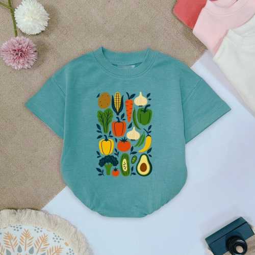Vegetable Garden Romper, Vegan Farmer Market Outfit, Veggie Pattern Baby Romper, Organic Farm Theme Bodysuit Gift