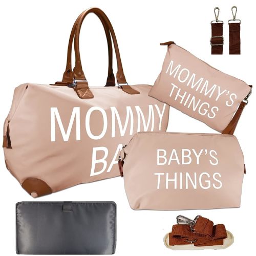 Diaper Bag Tote Set 4 items | IMPROVED X-LARGE Capacity Mommy Bag | Hospital Maternity a Weekeer Bags | Changing Pad | Baby a Mom Things Bags | Waterproof, Pink (MMBSP-01)