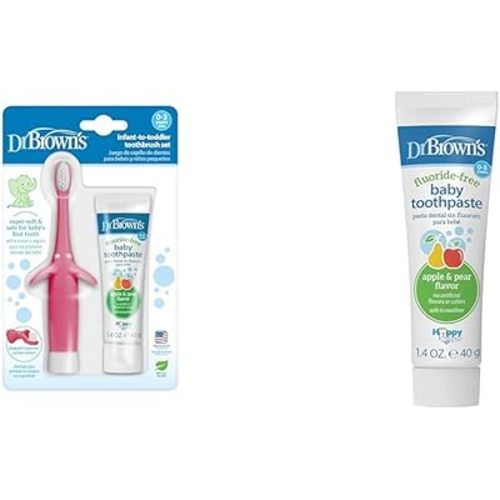 Dr. Brown's Infant-to-Toddler Training Toothbrush Set, Pink Elephant & Fluoride-Free Baby Toothpaste, Safe to Swallow, Apple Pear, 1-Pack, 1.4oz/40g, 0-3 Years