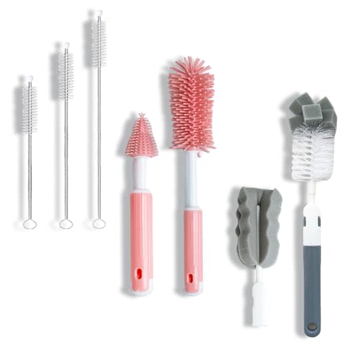 Betanull Bottle Brush Cleaner Set - Long Handle Silicone Water Bottle Brush, Straw Cleaner Brush & Baby Bottle Brush for Cups, Glass, Kitchen & Bottle Washing - Reusable Bottle Washer & Scrub Brush