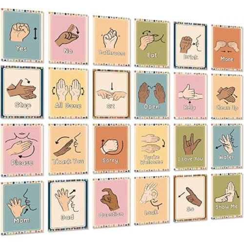 Aposwow Sign Language Posters for Classroom - 24Pcs Common Words and Phrases Hand Sign Language Cards for Kids Baby Toddlers, ASL American Signal Language Posters School Classroom Decor, Boho Style