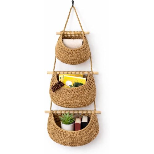 Hanging Wall Basket (3-Tier) Organizer – Cotton Rope Wall Storage for Bathroom, Kitchen & Nursery – Detachable Baskets + No-Drill Adhesive Hooks Included (Renter Friendly)