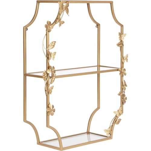 Kate and Laurel Rosella Ornate Scalloped Tiered Wall Shelf, 20 x 7 x 25, Gold, Decorative Glass Shelves with Floral Detailing for Use as Over-the Toilet Storage or Bedroom Display Shelving
