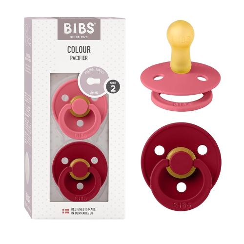 BIBS Pacifiers Colour Collection | Natural Rubber Baby Pacifier | Set of 2 BPA-Free Soothers | Made in Denmark | 6+ Months (Pack of 2) | Coral/Ruby
