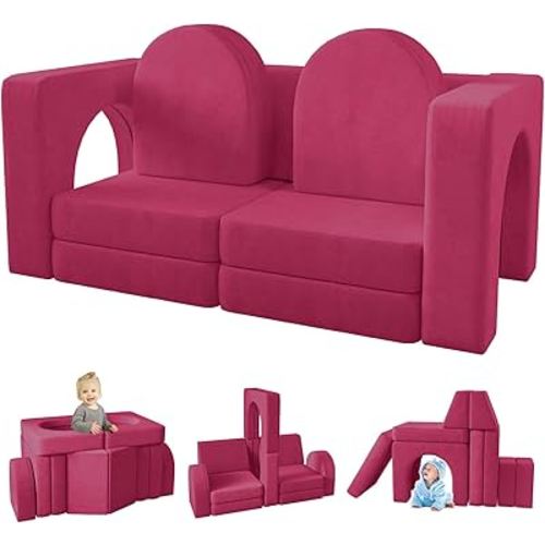 wanan Kids Couch 10PCS, Modular Kids Play Couch for Playroom Bedroom, 10 in 1 Multifunctional Kids Sofa for Playing, Creativing, Sleeping, Indoor Toddler Couch for Boys and Girls(Rose Red)