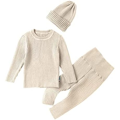 Teach Leanbh Baby Boys Girls Sweater Set Ribbed Elastic Knit Clothes Outfit Set Solid Tops High Waist Pants Hat