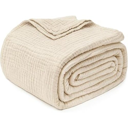 Joydeco 100% Cotton Muslin Throw Blanket for Couch Bed and Sofa, 4-Layer Lightweight and Breathable Soft Gauze Blanket for All Season, Luxury Throws Cotton Blanket Gift(Light Tan, 50"x70")