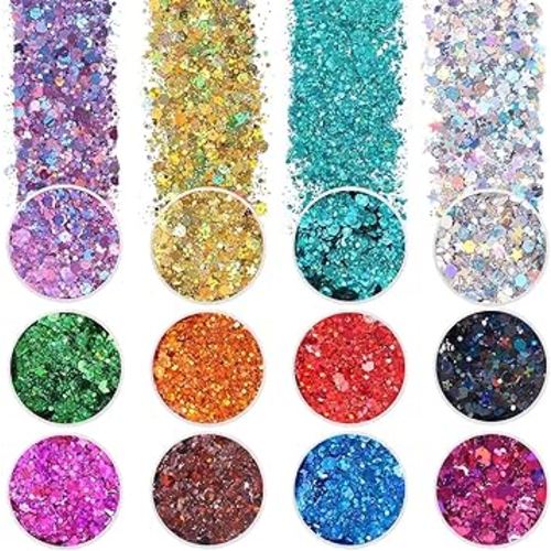 Holographic Chunky Glitter, Set of 12, Licool Craft Glitter for Resin Art Crafts, Cosmetic Glitter for Nail Body Face Eye, Epoxy Resin Glitter Sequin Flake Sparkle for Slime Tumbler Jewelry Making