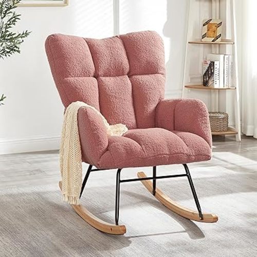 Setawix Upholstered Rocking Chair with Arms for Nursery,Tufted Rocker Glider Chairs,Teddy Fabric Rocking Armchair,Mid Century Modern Accent Chairs for Living Room,Bedroom (Teddy Pink, 27.2")