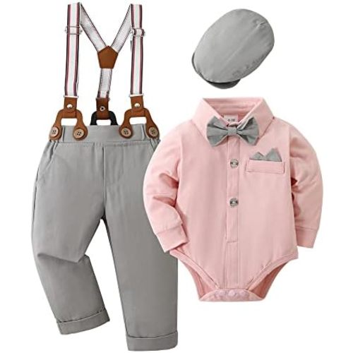 YALLET Baby Boy Clothes Set Infant Tuxedo Long Sleeve Gentleman Suit Outfits + Beret Hat + Suspender Pants + Bowtie 0-18M