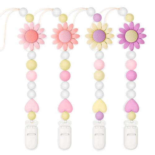 Silicone Pacifier Clip, 4 Pack Pacifier Holder for Boys and Girls, Adorable Sunflower Pacifier Strap Fits for Most Pacifier, Baby Teethers, Baby Shower and Baby Gift