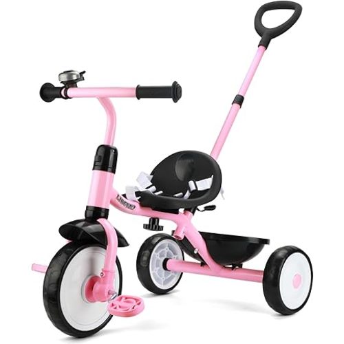 Liberry 2 in 1 Toddler Tricycle Age 2 3 4 Years Old, Kids Trike with Adjustable Push Handle, Bell & Basket, 3 Wheel Bike Riding Toy Birthday for Girls Boys, Light Pink