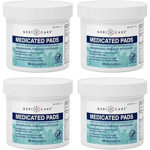 GeriCare Medicated Cooling Pads with Witch Hazel, for Soothing Itch, Discomfort and Burning, Pre-Moistened Pads Ideal for Sensitive Areas, 100 Count (Pack of 4)