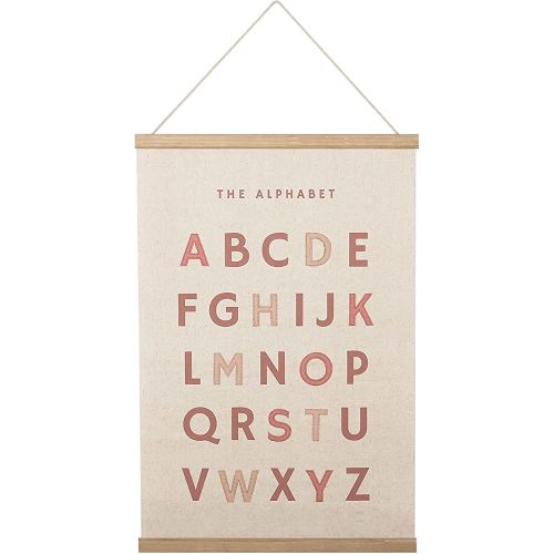 Bon et Beau 16×24 Inch Embroidered Alphabet Poster with Wood Poster Hanger - Dusty Pink Wall Decor for Girls Nursery, Bedroom and Playroom