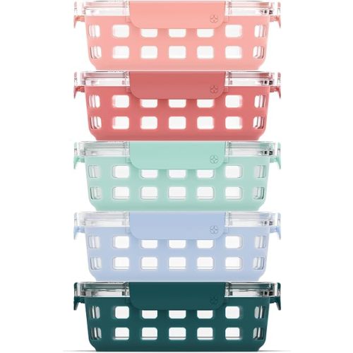 Ello Duraglass 3.4 Cup Meal Prep Sets 10Pc, 5 Pack Set- Glass Food Storage Container with Silicone Sleeve and Airtight BPA-Free Plastic Lids, Dishwasher, Microwave, and Freezer Safe, Melon