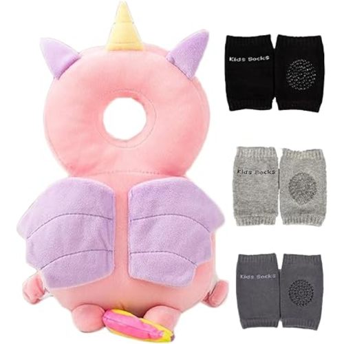 Feidoog Baby Head Protector Cushion Backpack with 3 Baby Knee Pads for Walking & Crawling,Pink Unicorn