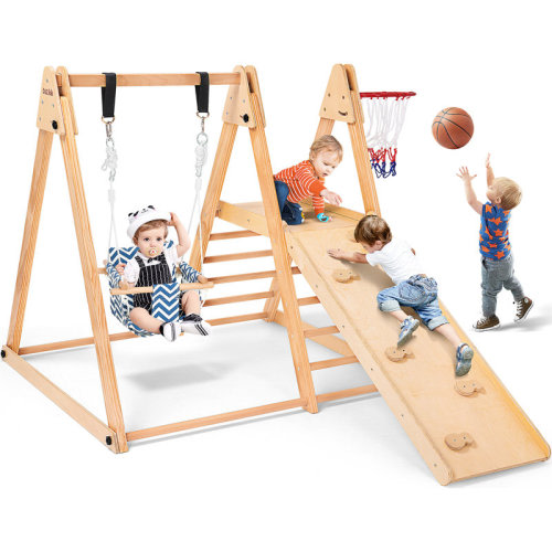 ANGGREK 7-in-1 Foldable Toddler Climbing Toy with 2 Swings, Indoor Jungle Gym, Kids Wood Montessori Climber Slide Play Set with Ramp, Slide and Swing, Outdoor Playground for Boys Girls | Wayfair